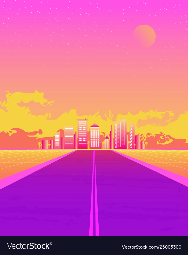 Synthwave with dream road sunset color and city