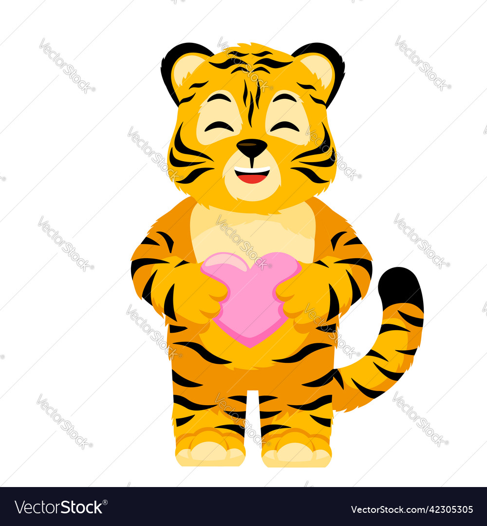 Cute little tiger character hold heart isolated Vector Image