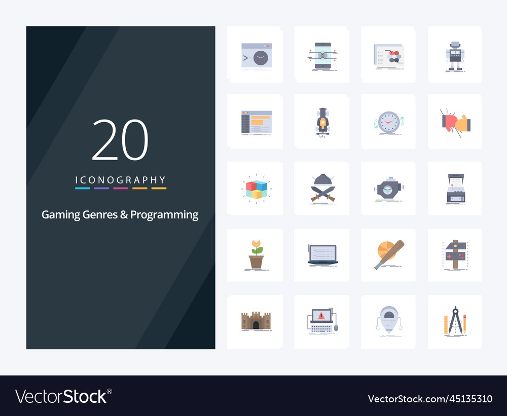 20 gaming genres and programming flat color icon