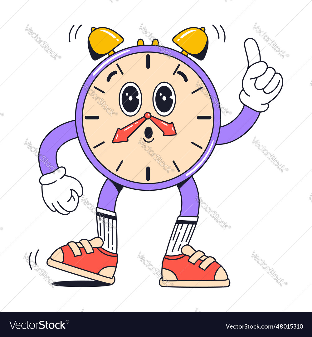 Isolated groovy character alarmclock in gloves vector image Isolated groovy character alarmclock in gloves