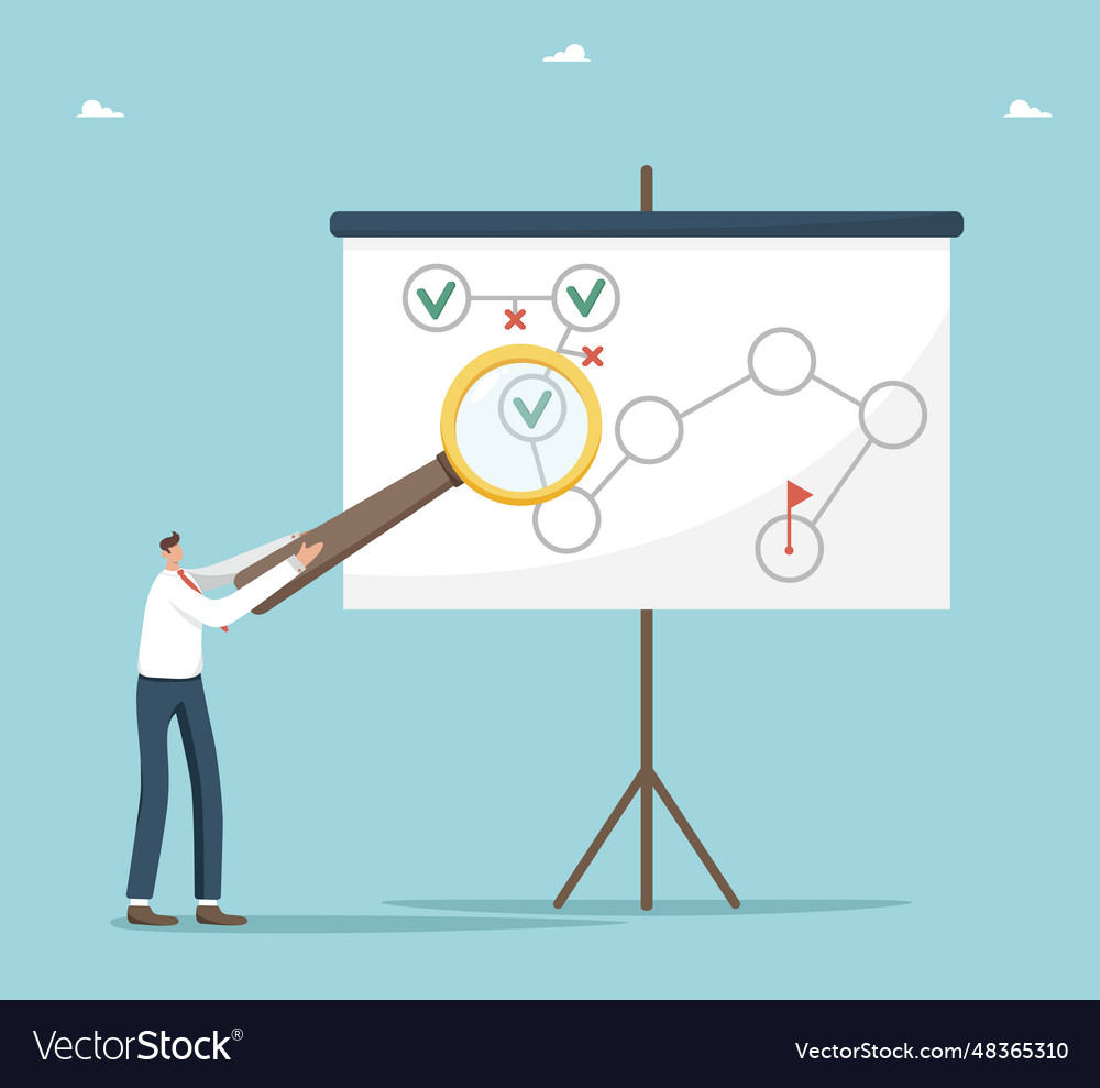 Man with magnifier near board workflow vector image Man with magnifier near board workflow