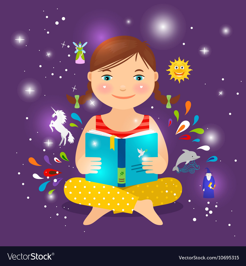 Cute girl reading book about magic Royalty Free Vector Image