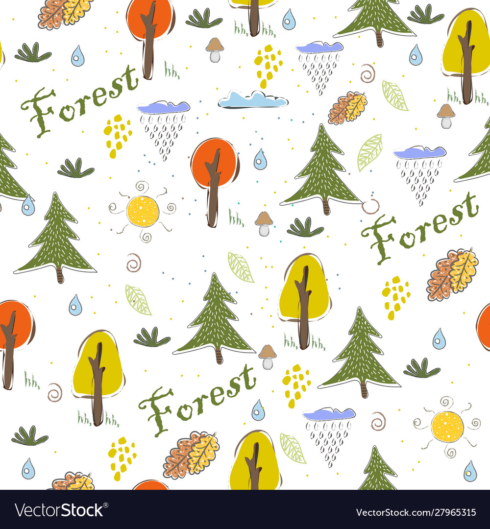 Cute pattern with trees and clouds hand drawn vector image Cute pattern with trees and clouds hand drawn