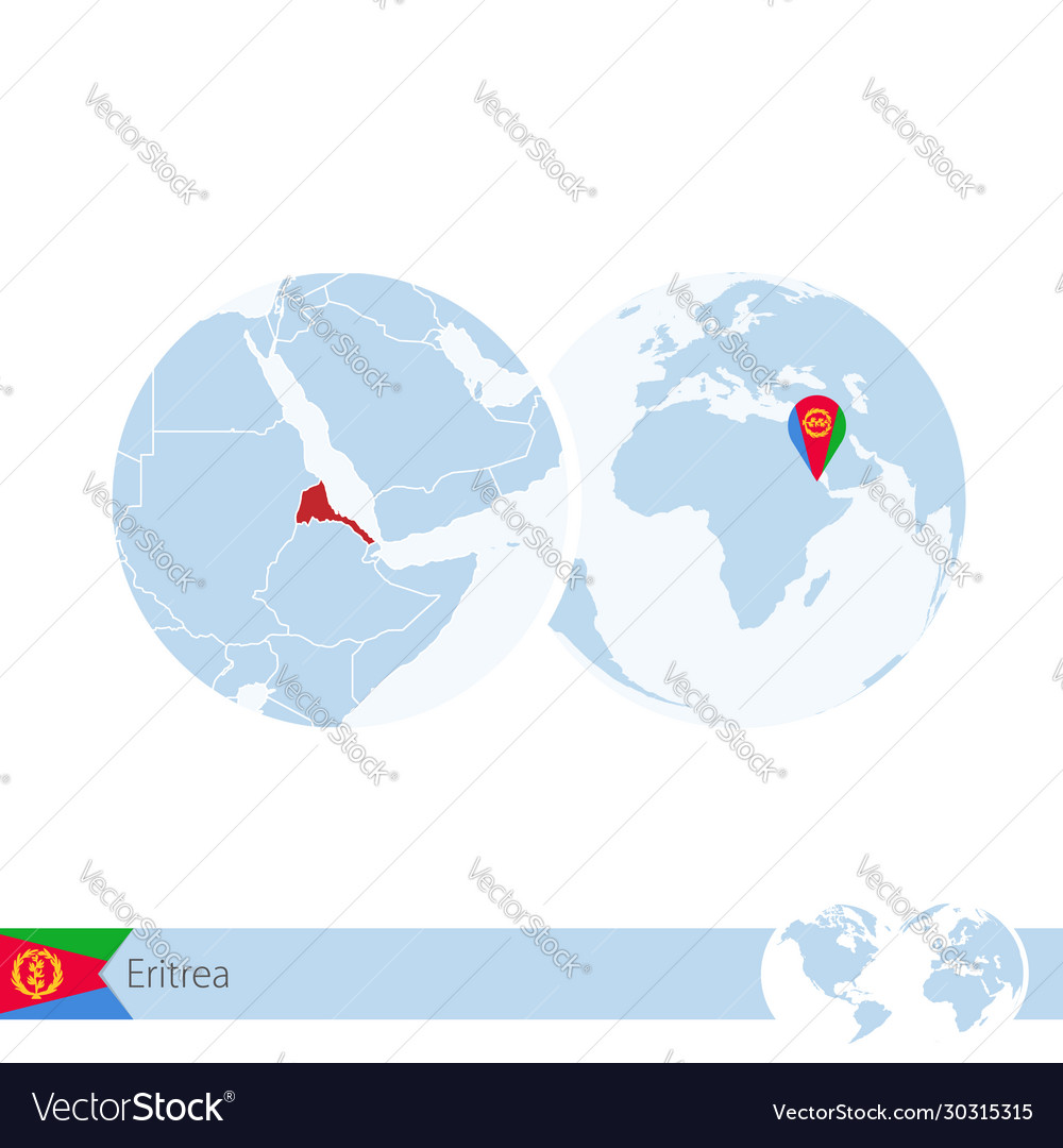 Eritrea auf Weltkugel mit Flagge und regionaler Karte vector image Eritrea auf Weltkugel mit Flagge und regionaler Karte