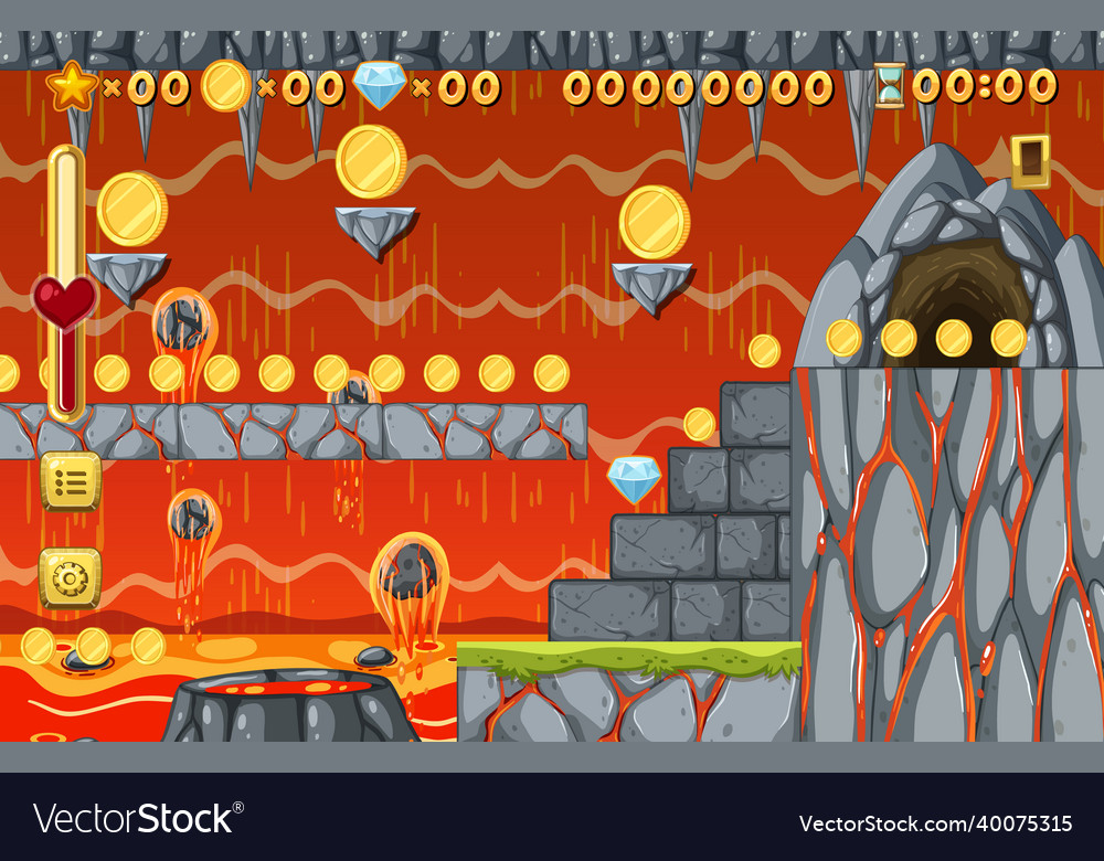 Lava cave platformer game template vector image Lava cave platformer game template