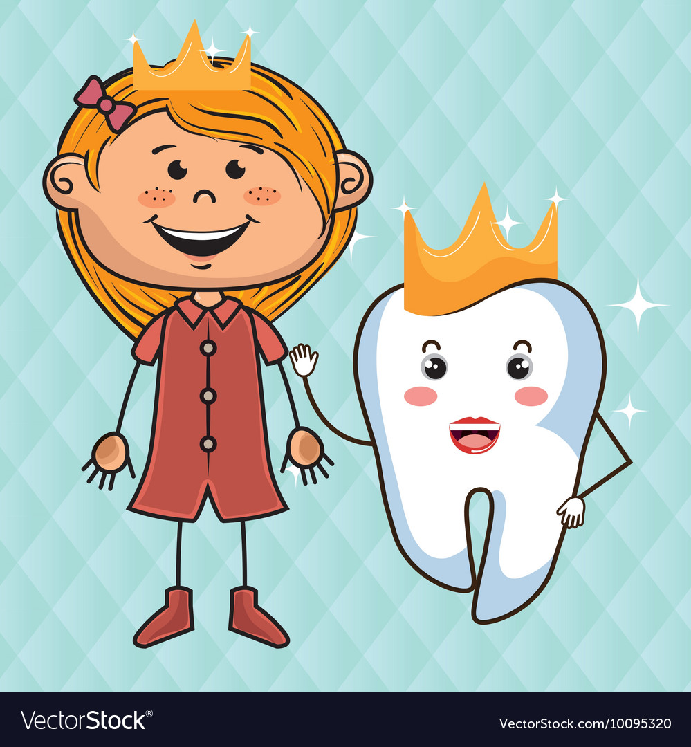 Cartoon girl and tooth wering a crown over a blue Vector Image