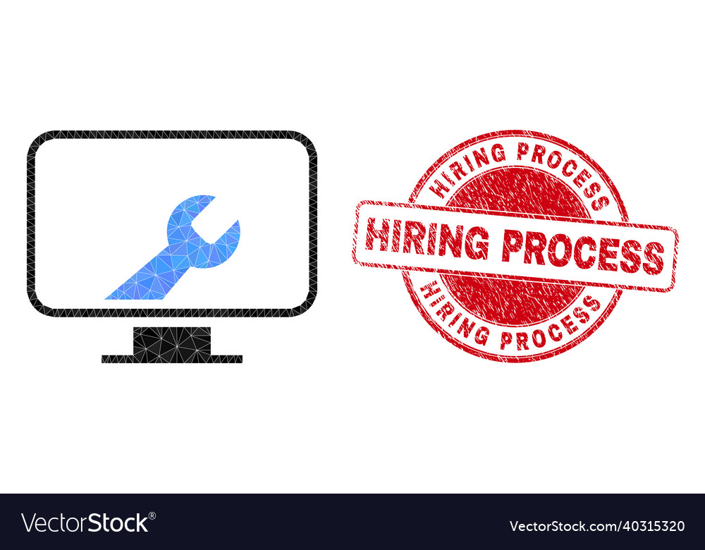 Textured hiring process round badge and computer