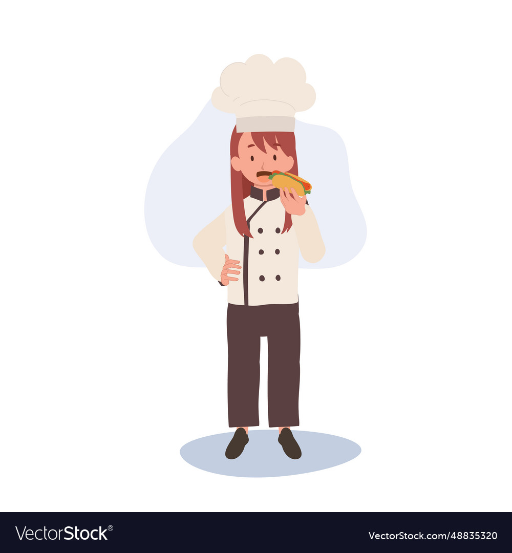 Young chef enjoying tasty hot dog flat cartoon