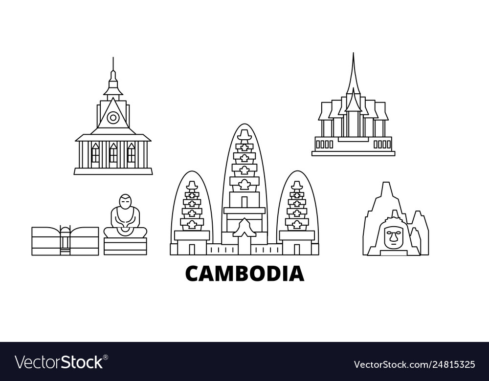 Cambodia line travel skyline set outline