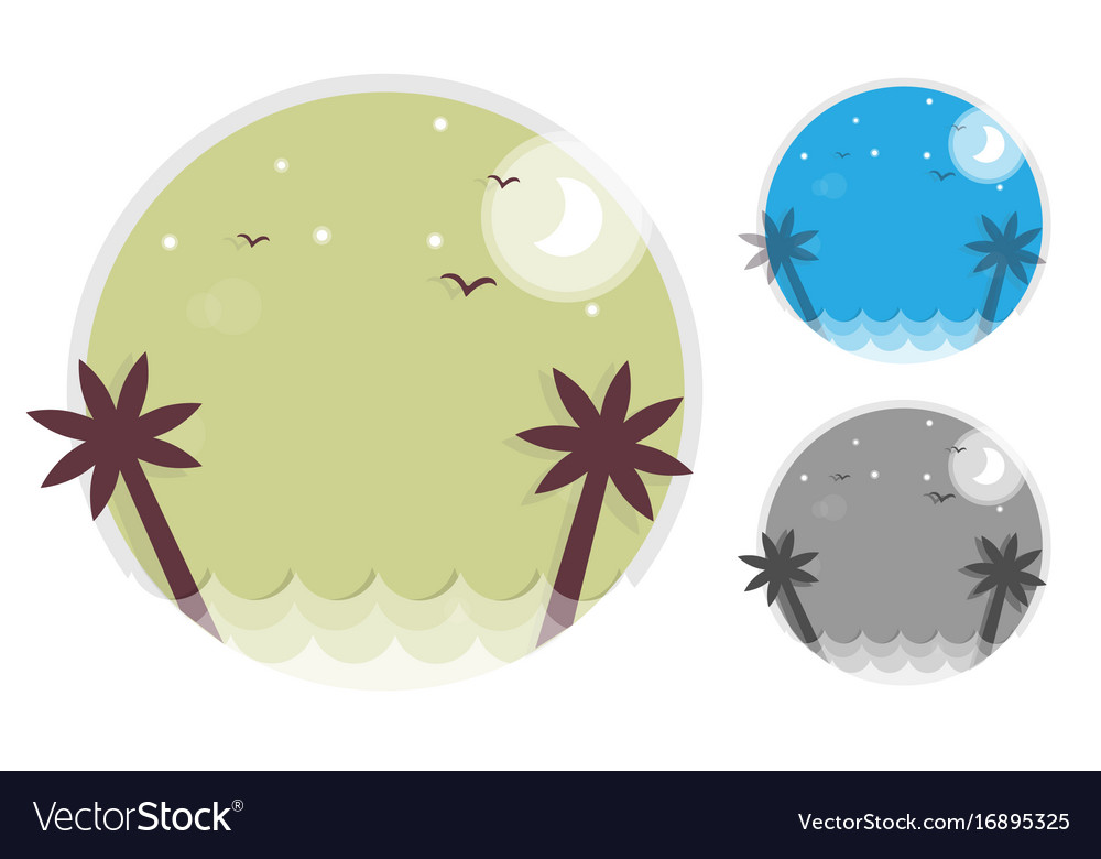 Set palm trees silhouette on island round icon