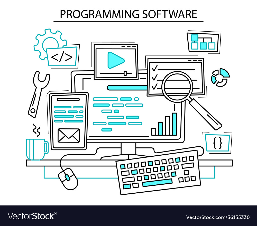 Programmierung Software Konzept Kontur linear Stil vector image Programmierung Software Konzept Kontur linear Stil