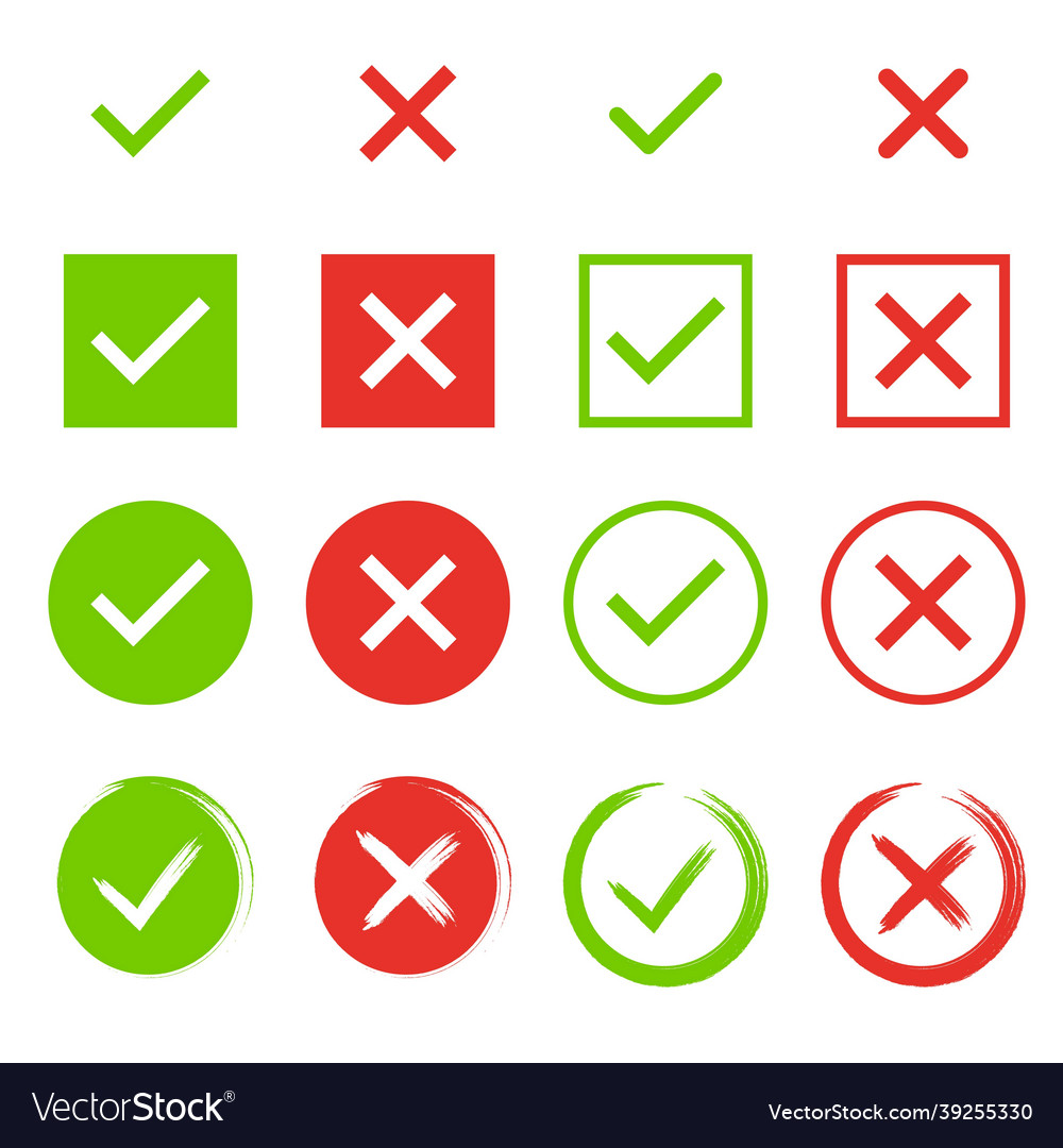 Set of check marks green tick and red cross vector image Set of check marks green tick and red cross
