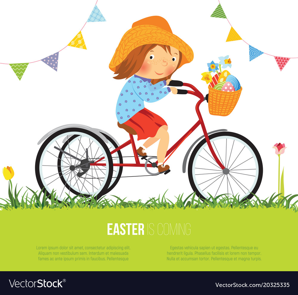 Girl on bike with basket full of eggs for easter