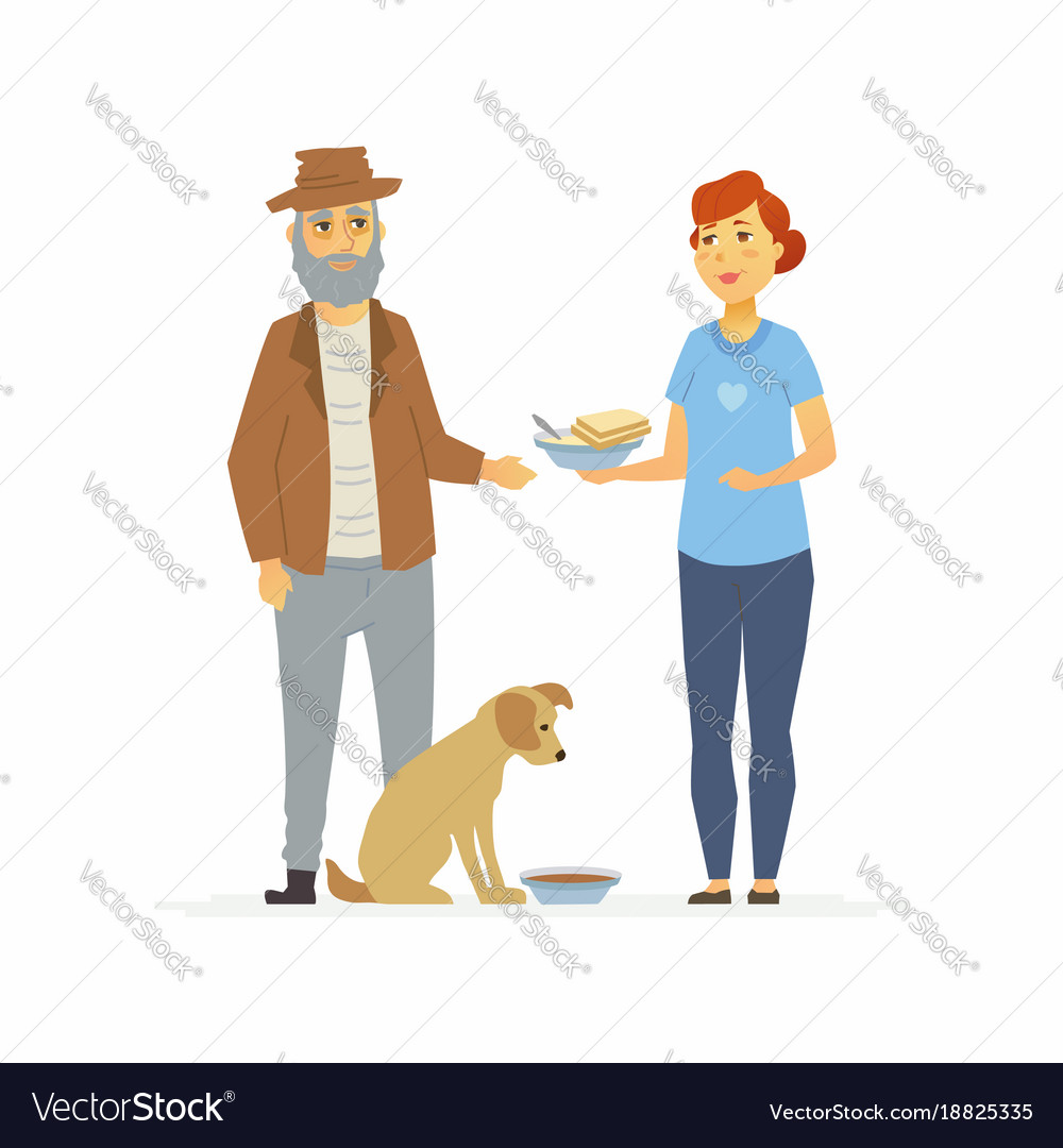 Volunteer Bring Food To Homeless Cartoon People Vector Image