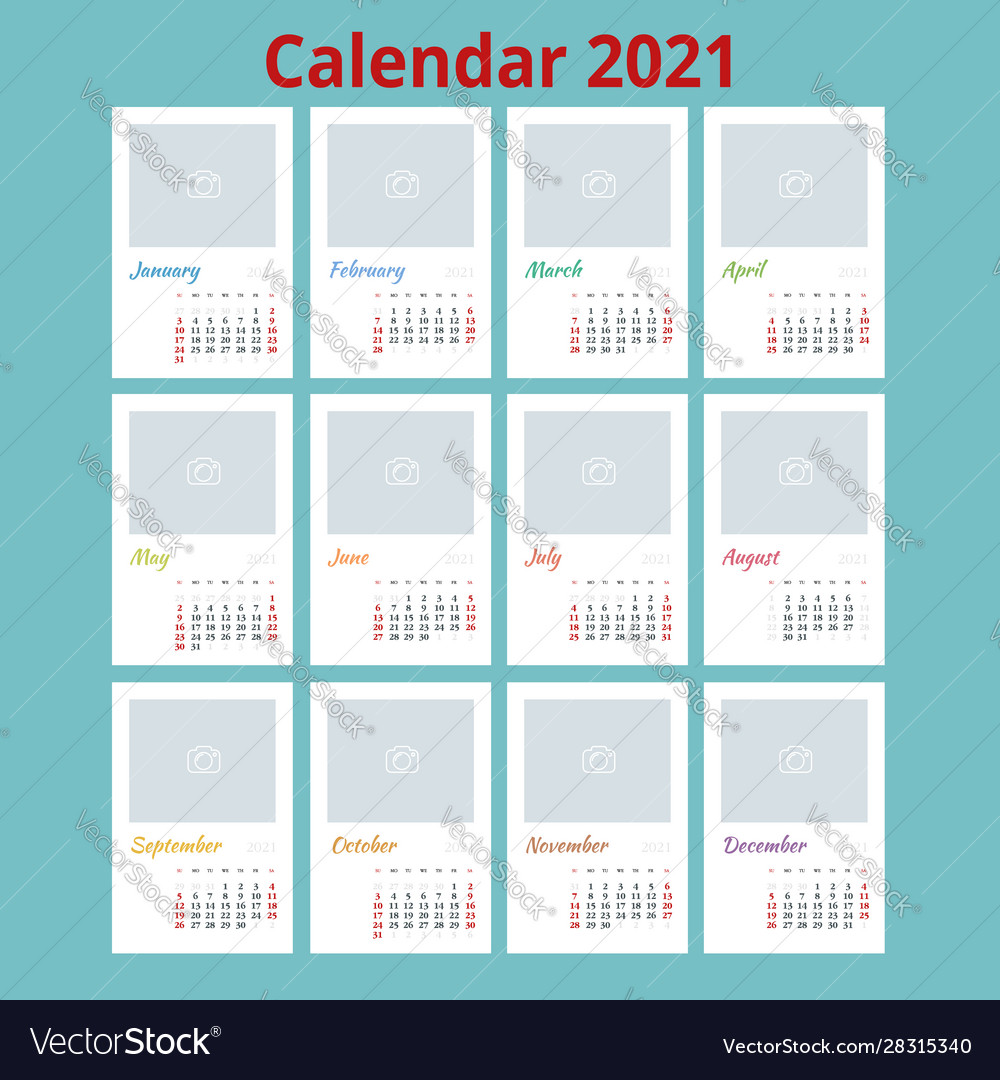 2021 calendar print template with place for photo Vector Image