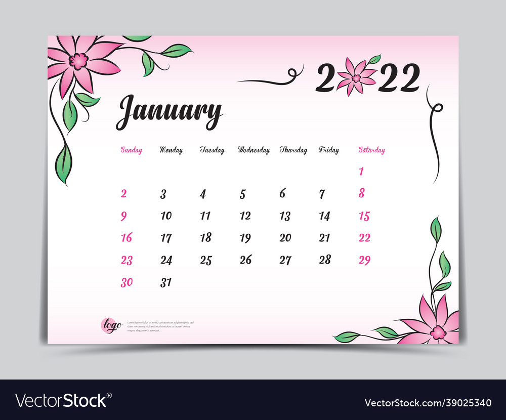 Calendar 2022 template with pink flowers