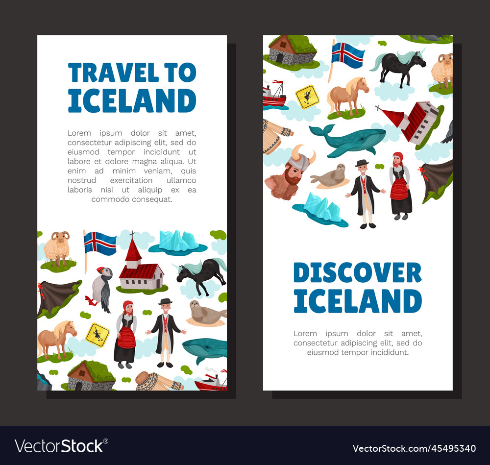 Iceland travel banner design with country symbols