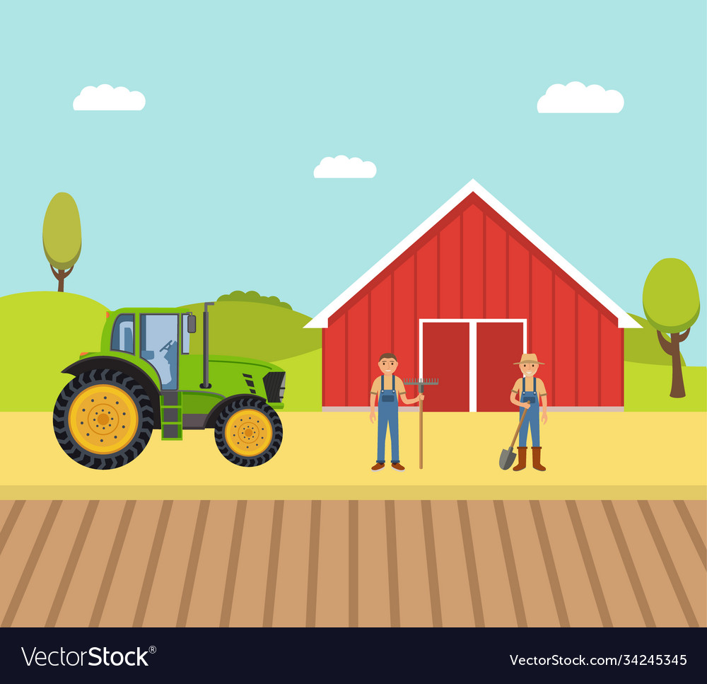 Farm with a barn and tractor farmers men