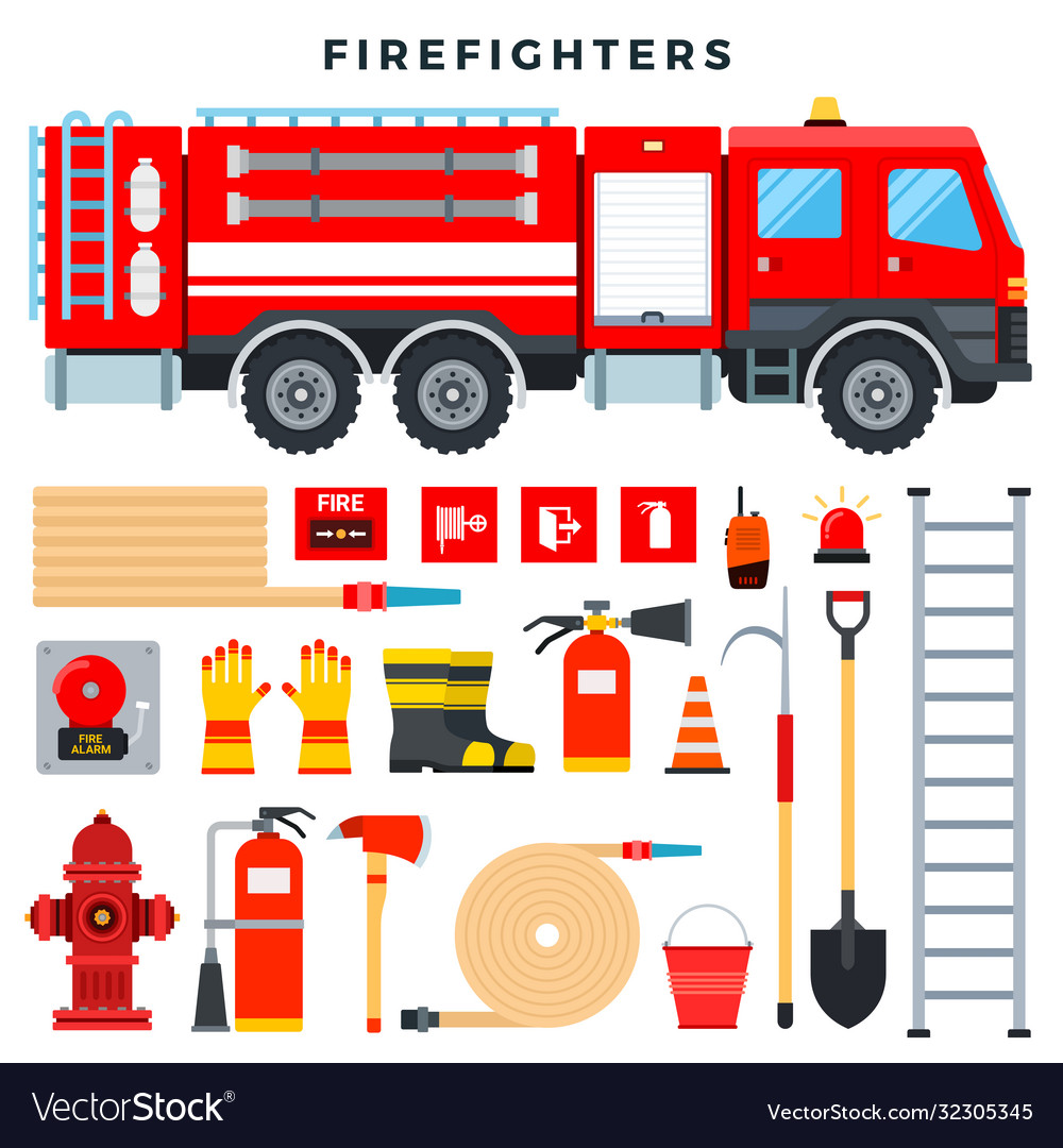 Firefighting equipment and gear set fire truck Vector Image