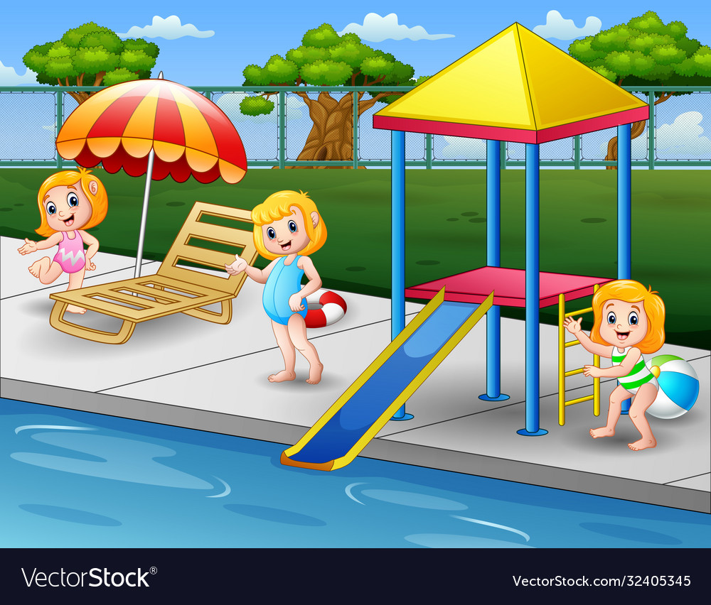 Happy girls playing on pool edge in backyard Vector Image