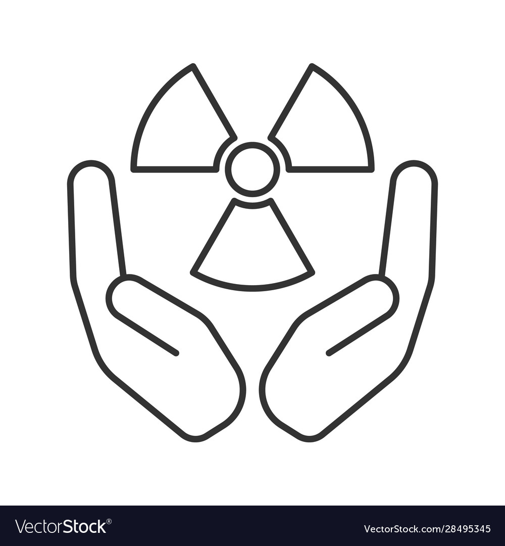 Open palms with atomic power symbol linear icon