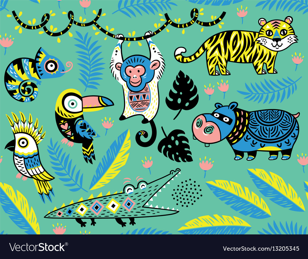 Seamless pattern with tropical animals