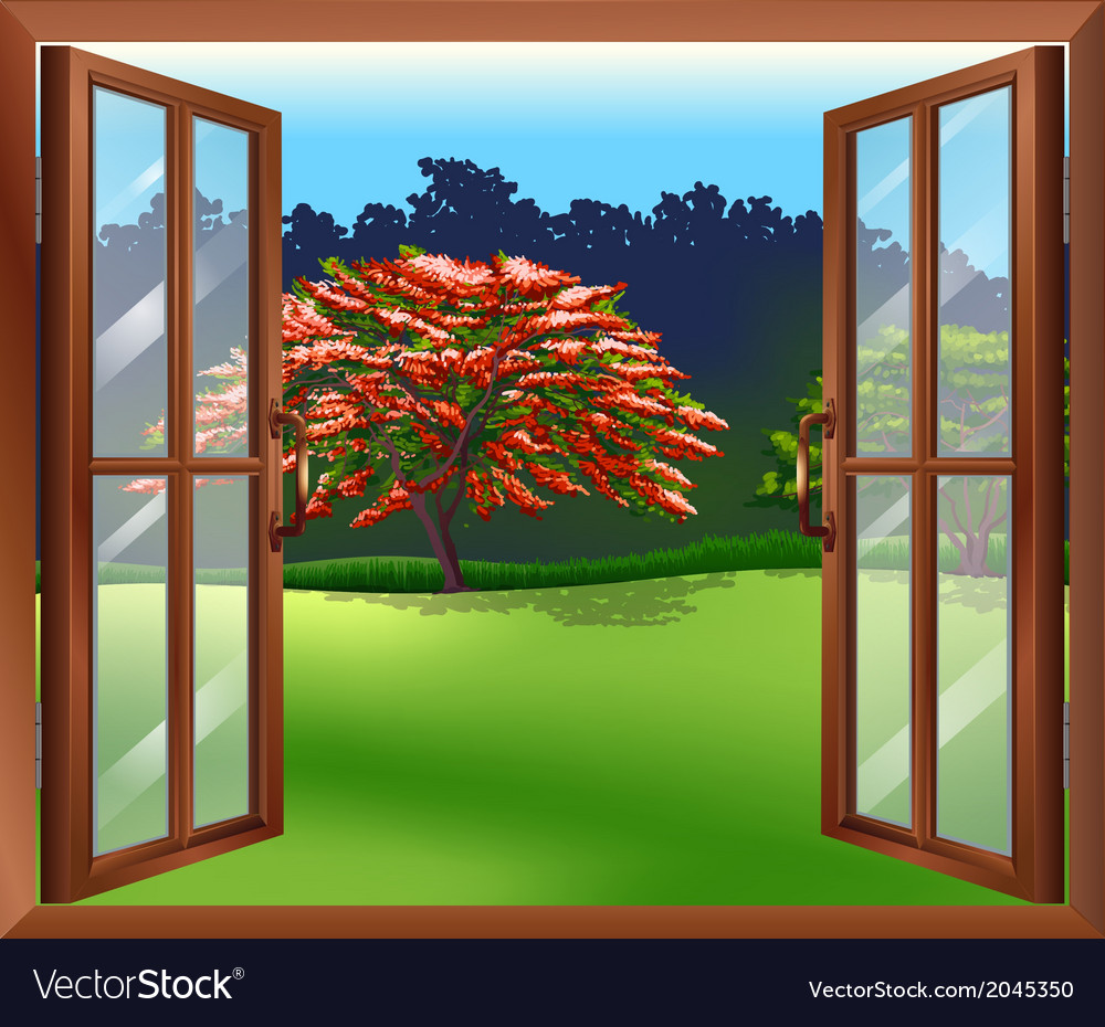 An open window with a view of the big tree Vector Image