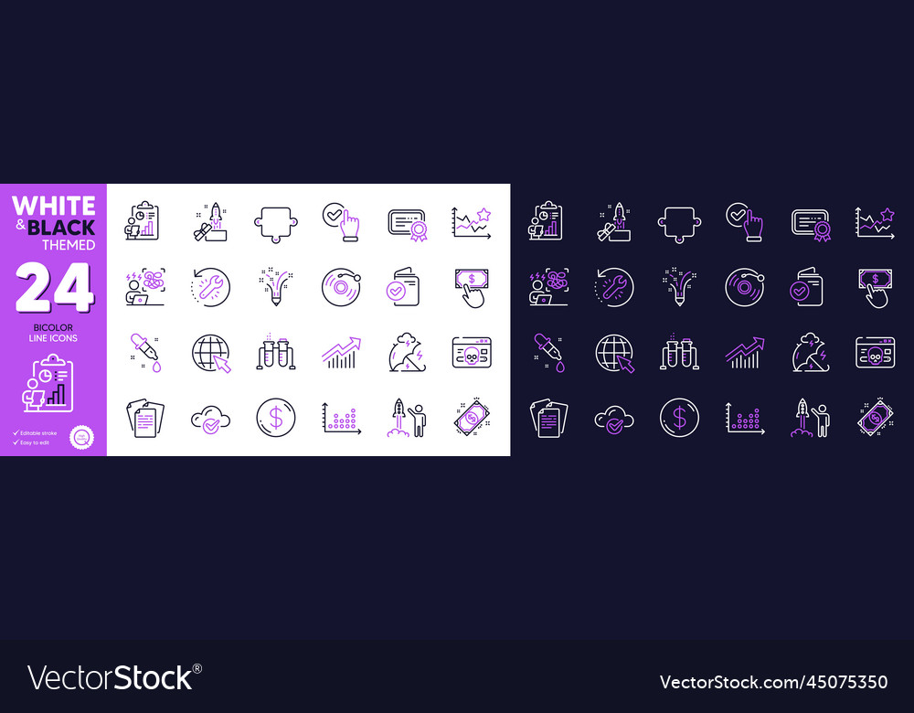 Cyber attack launch project and puzzle line icons vector image Cyber attack launch project and puzzle line icons