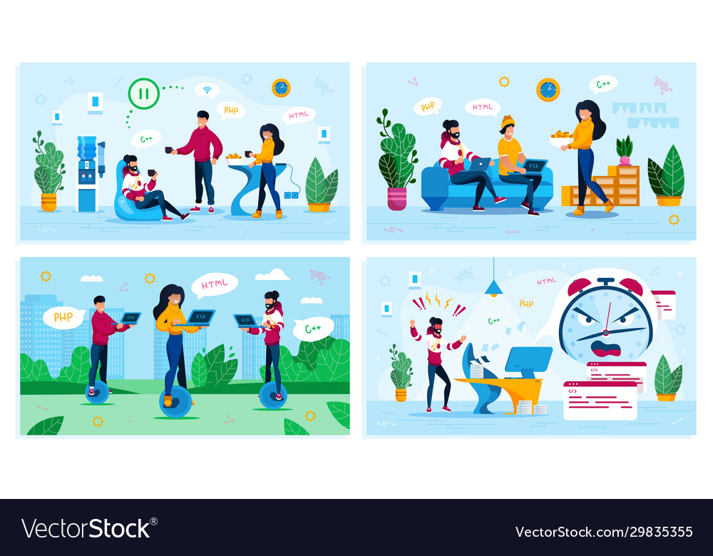 Software developers life flat concepts set vector image Software developers life flat concepts set