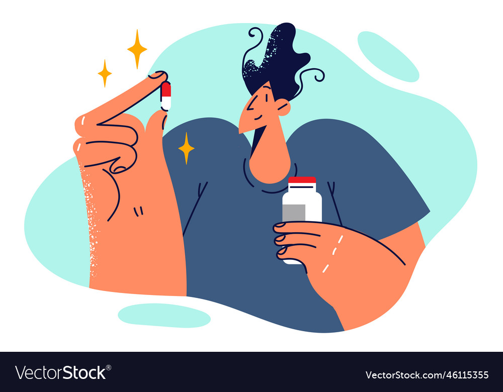 Junger Mann untersucht Kapsel und hält Jar vector image Junger Mann untersucht Kapsel und hält Jar