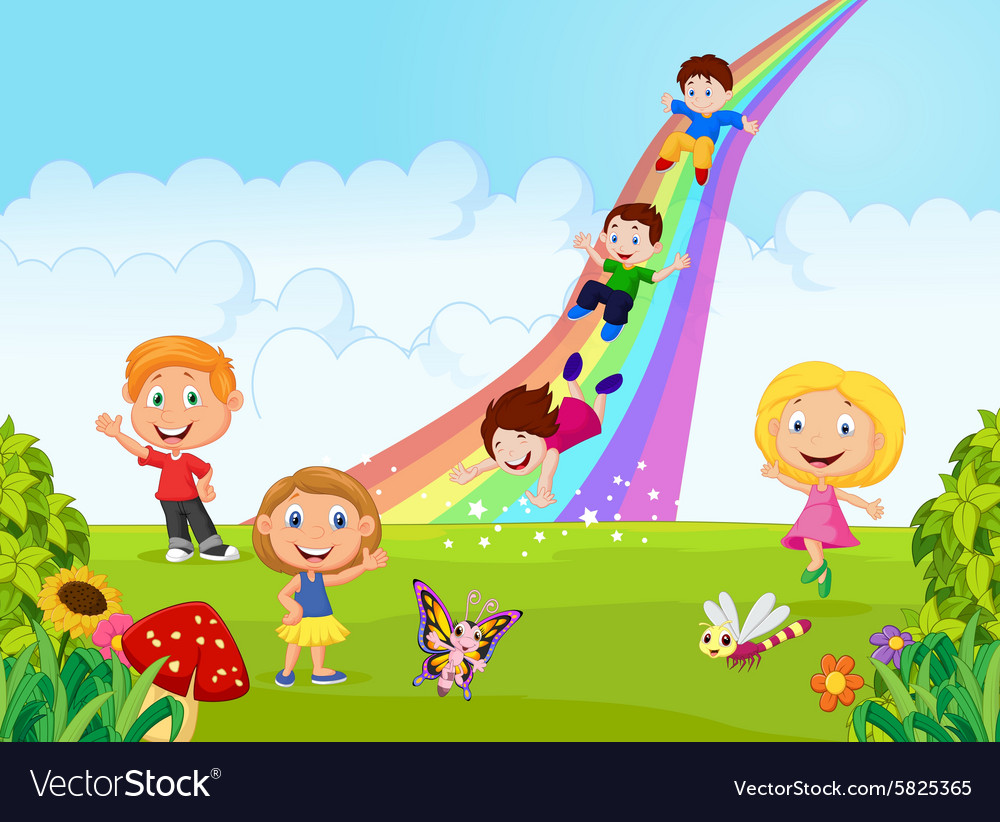 Cartoon little kids playing slide rainbow in the j Cartoon little kids playing slide rainbow in the j