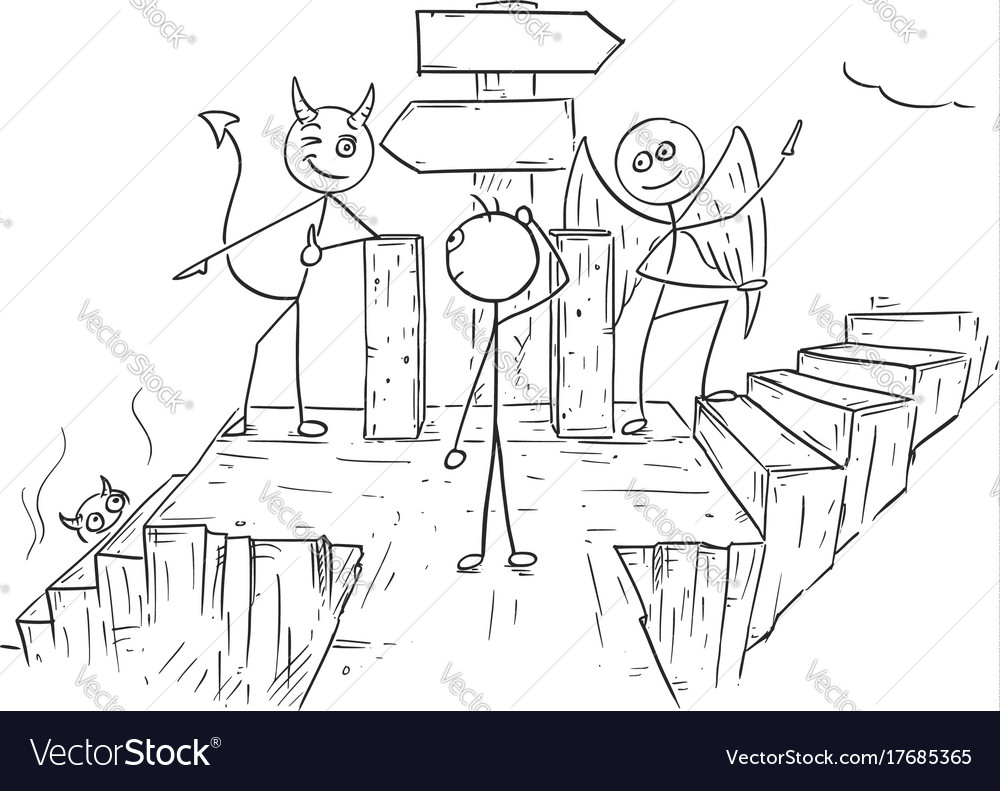 Cartoon of angel and devil showing man two ways