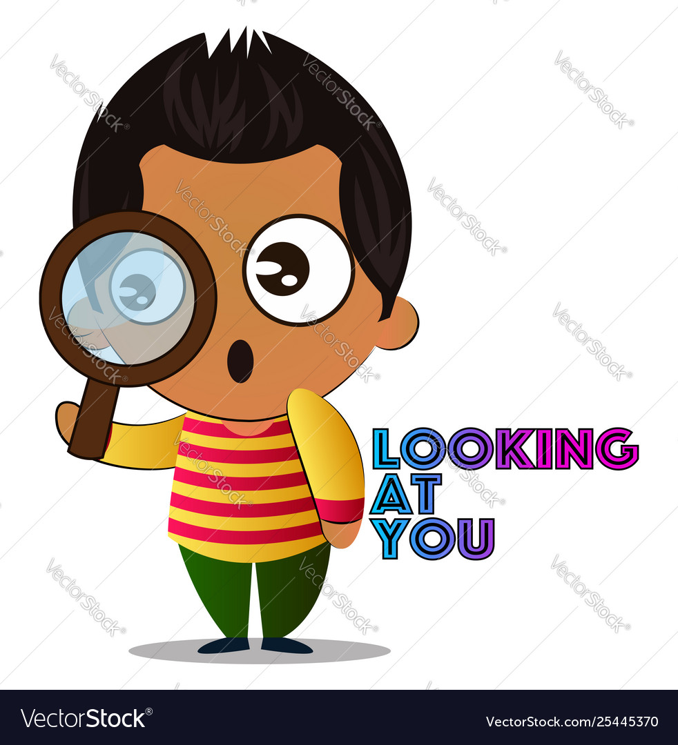 Boy is looking trough magnifying glass on white
