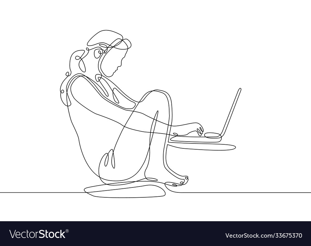 Continuous line drawing girl sits at a laptop