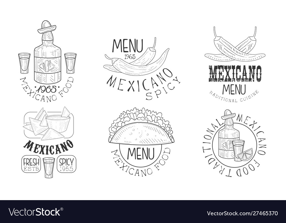 Mexicano food hand drawn retro labels set