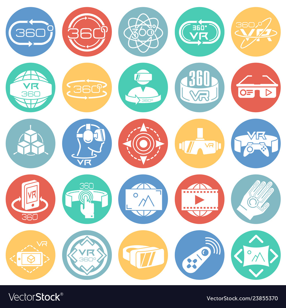 Virtuelle Realität Icons auf Farbkreise weiß gesetzt vector image Virtuelle Realität Icons auf Farbkreise weiß gesetzt