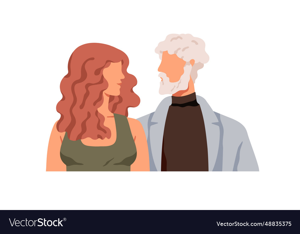 Old senior man and young woman look at each other