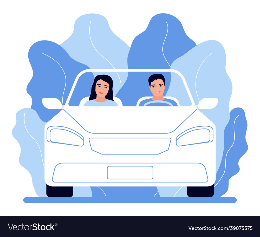 People couple travel by car road trip to nature