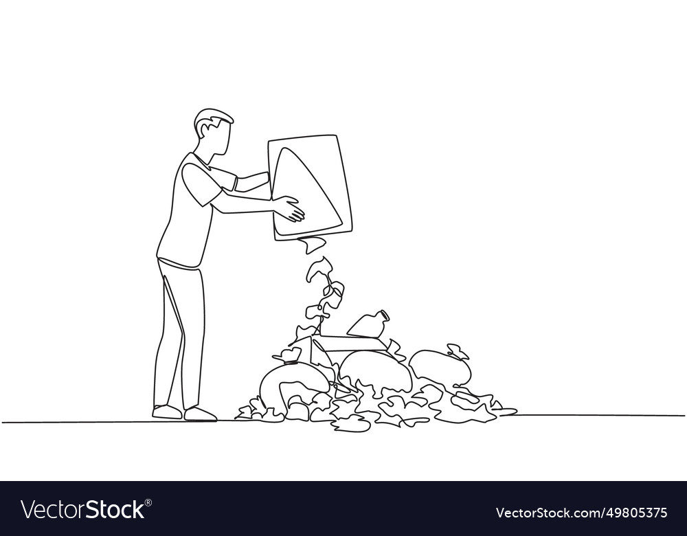 Single one line drawing man throws rubbish Vector Image