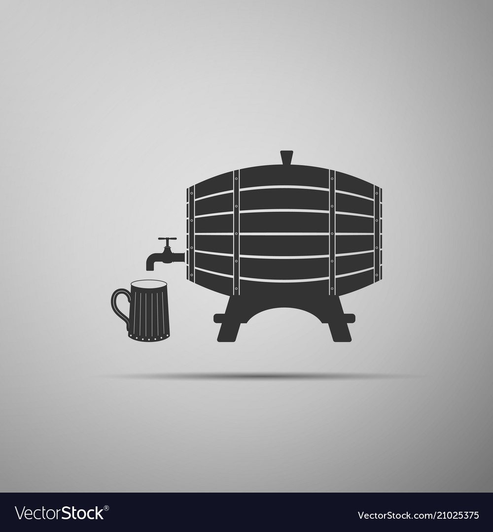 Wooden barrel on rack and beer mug icon