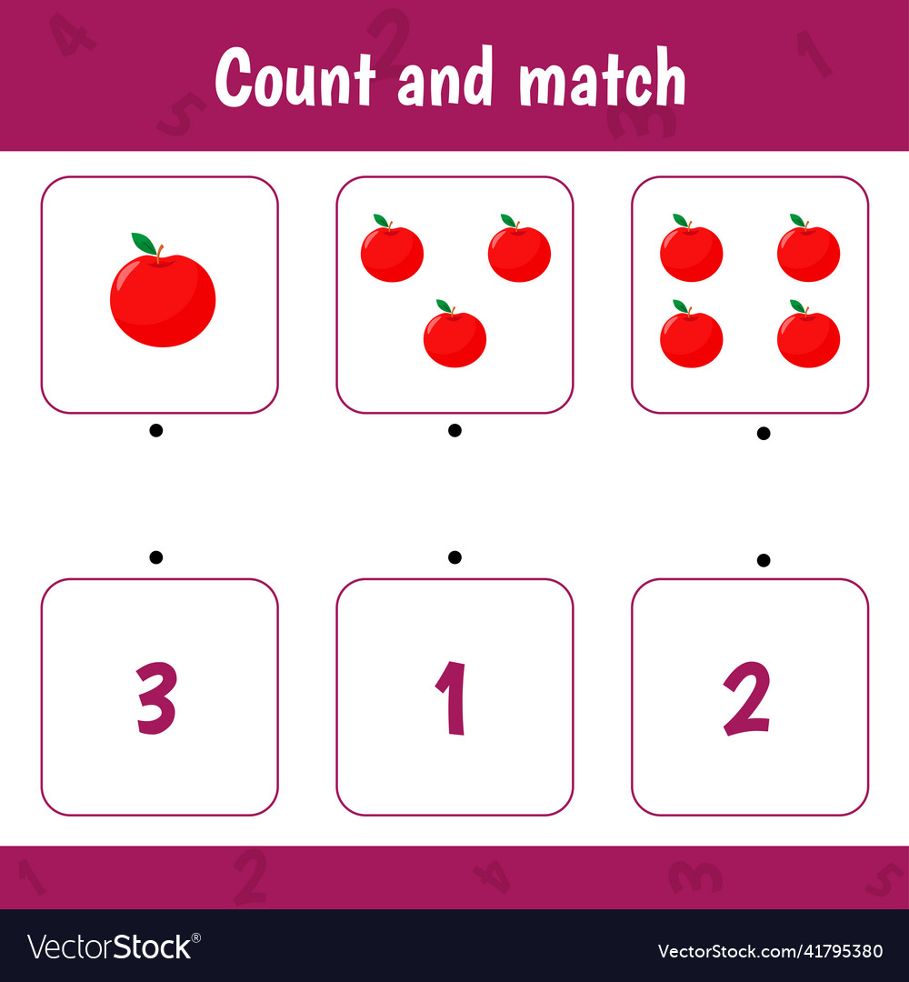 Count and match math game for children apple vector image Count and match math game for children apple