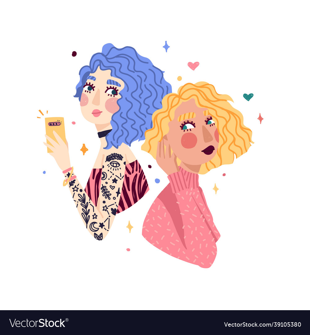 Paar süße Mädchen mit blau vector image Paar süße Mädchen mit blau
