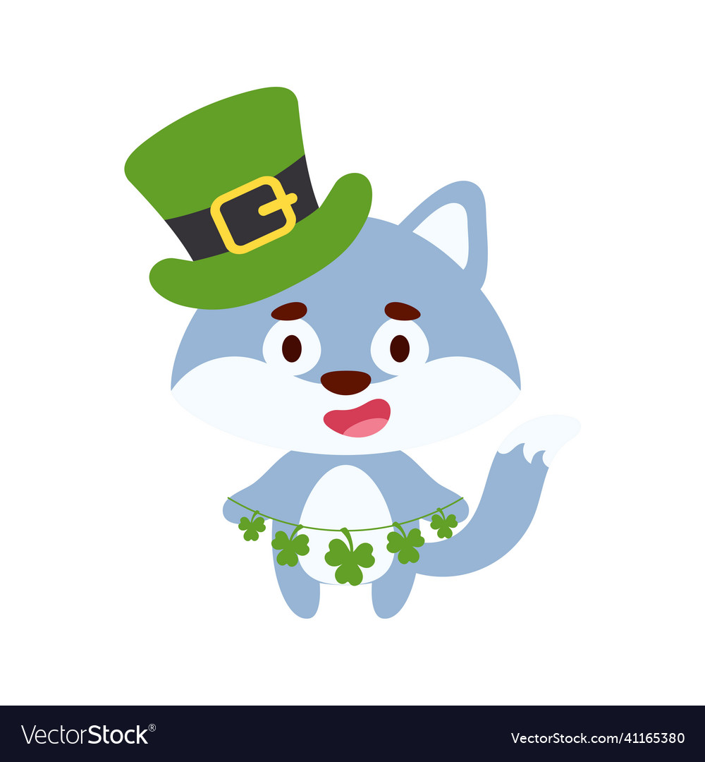 Cute wolf in st patricks day leprechaun hat holds