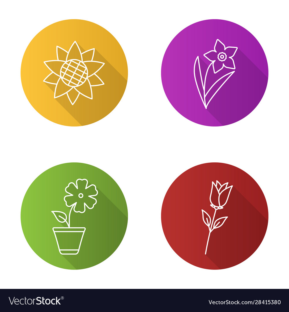 Flowers flat linear long shadow icons set