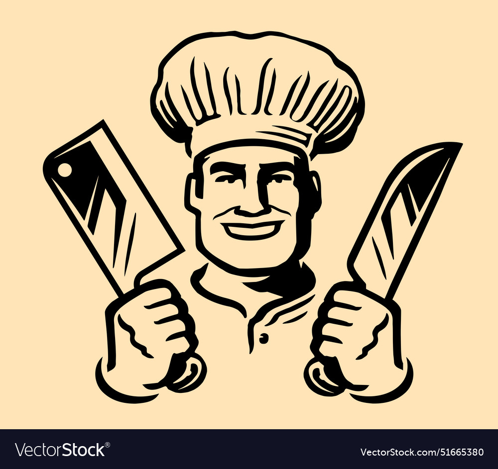 Happy chef with meat cleaver and kitchen knife Vector Image