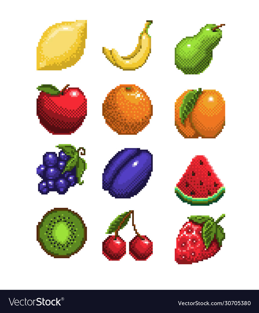 Pixel fruits for games icons set Royalty Free Vector Image