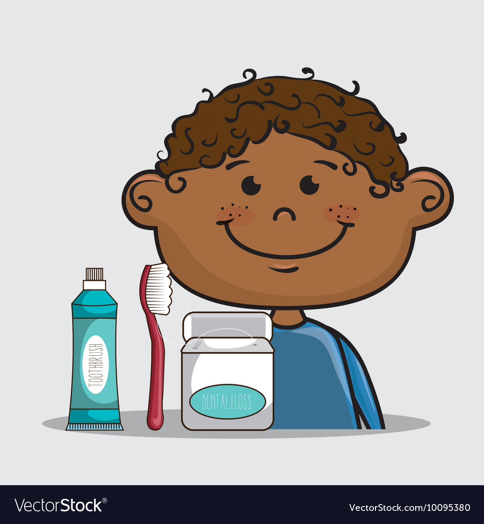 Smiling cartoon boy with dental care implements Vector Image