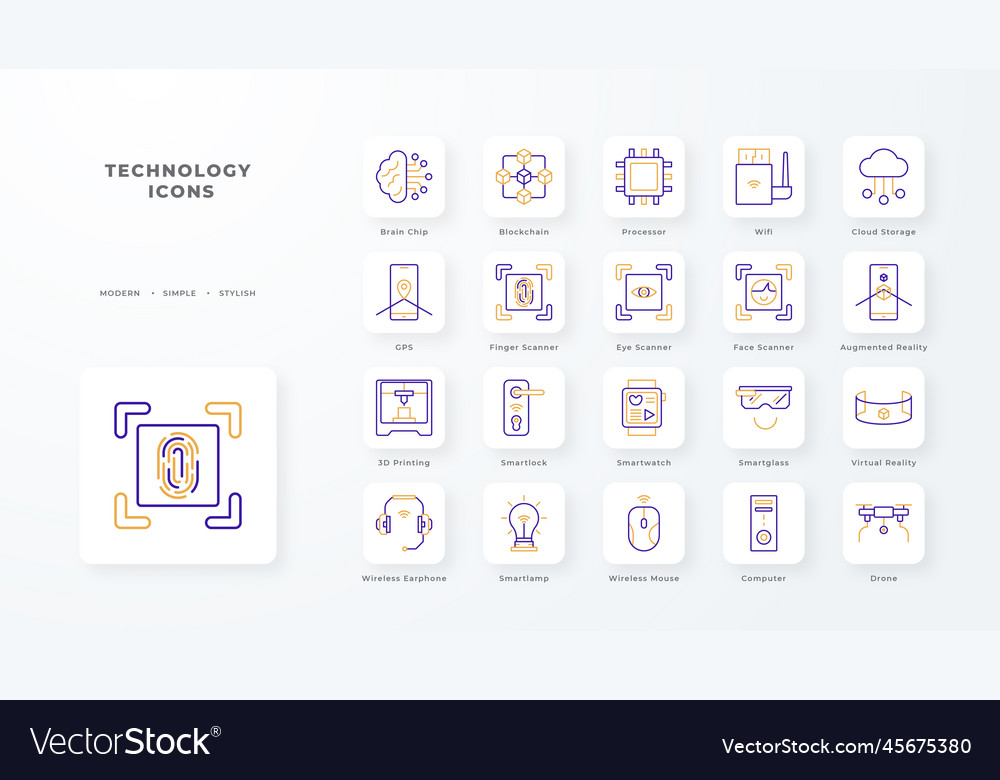 Technology icon collection with purple and orange Vector Image