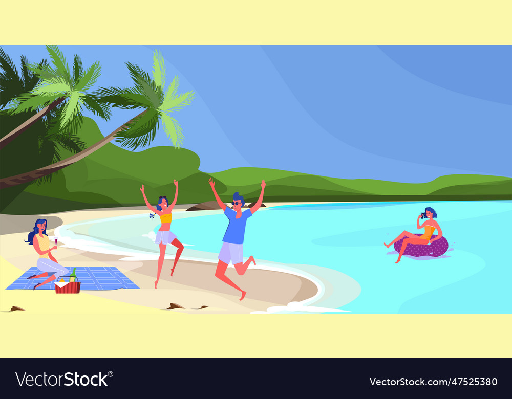 Tourists enjoying vacation on tropical beach Vector Image