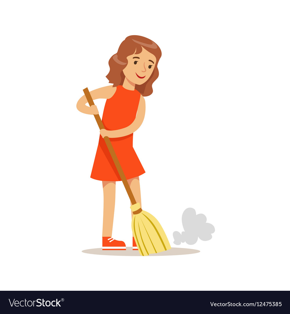 Girl sweeping the floor with broom smiling Vector Image